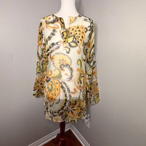 NWT TRUE MEANING Silk‎ Sheer Tunic Overtop SM Paisley Yellow Greens Boho